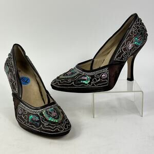 Beaded Sequin Brown Embroidered Satin Stiletto Heels Sz 7.5 Evening Formal Pumps